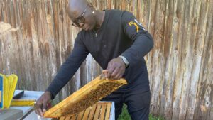 Oduntan picture with bee board